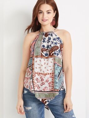 Maurices Boho White Floral Paisley Halter Neck Tank Top Women’s Size Medium NWOT